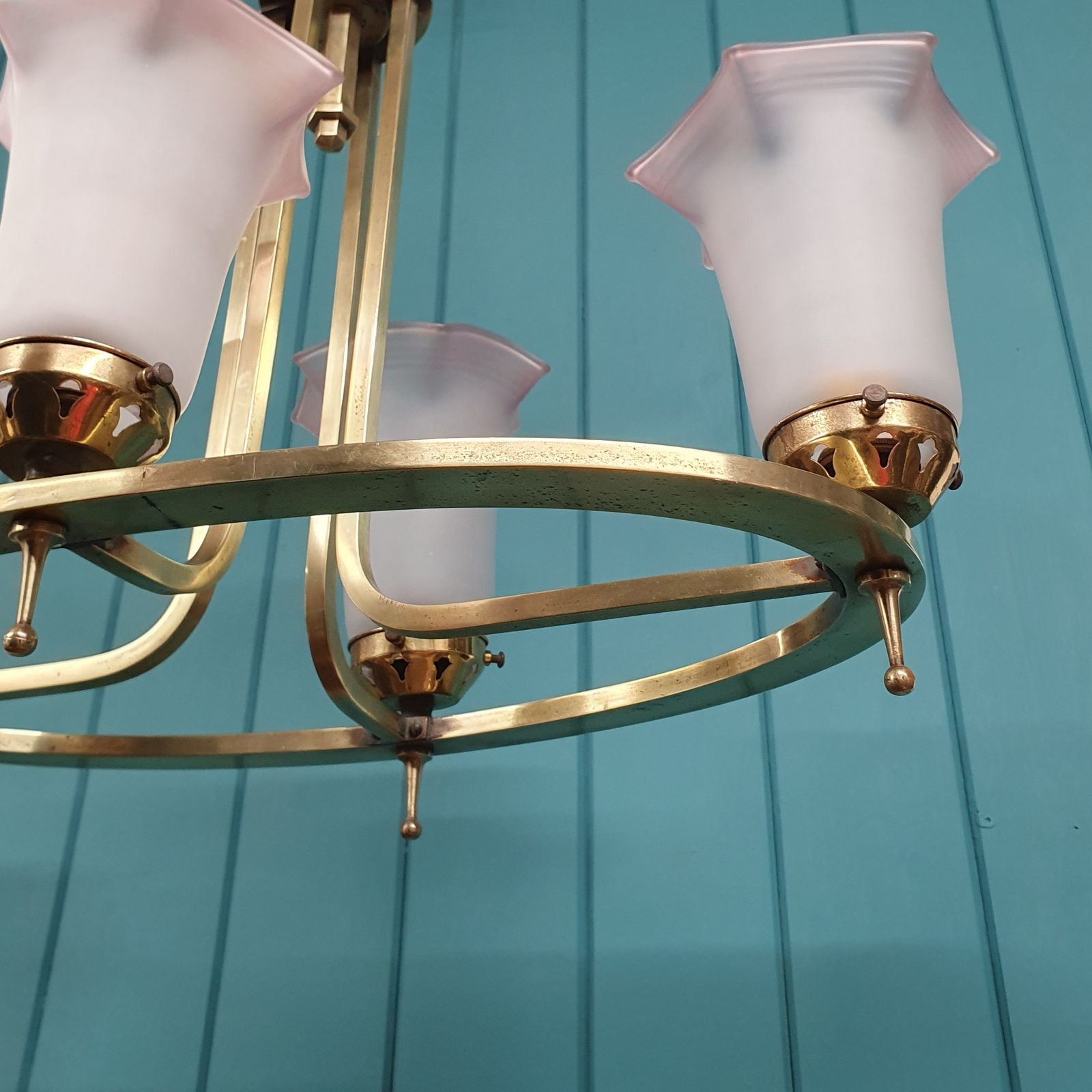 Art Deco Brass & Glass Four Light Chandelier 22" photo buy