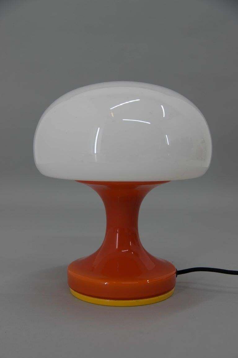 Space Age Orange And White Glass Mushroom Table Lamp By Valašské Meziříčí, 1970s photo Lighting