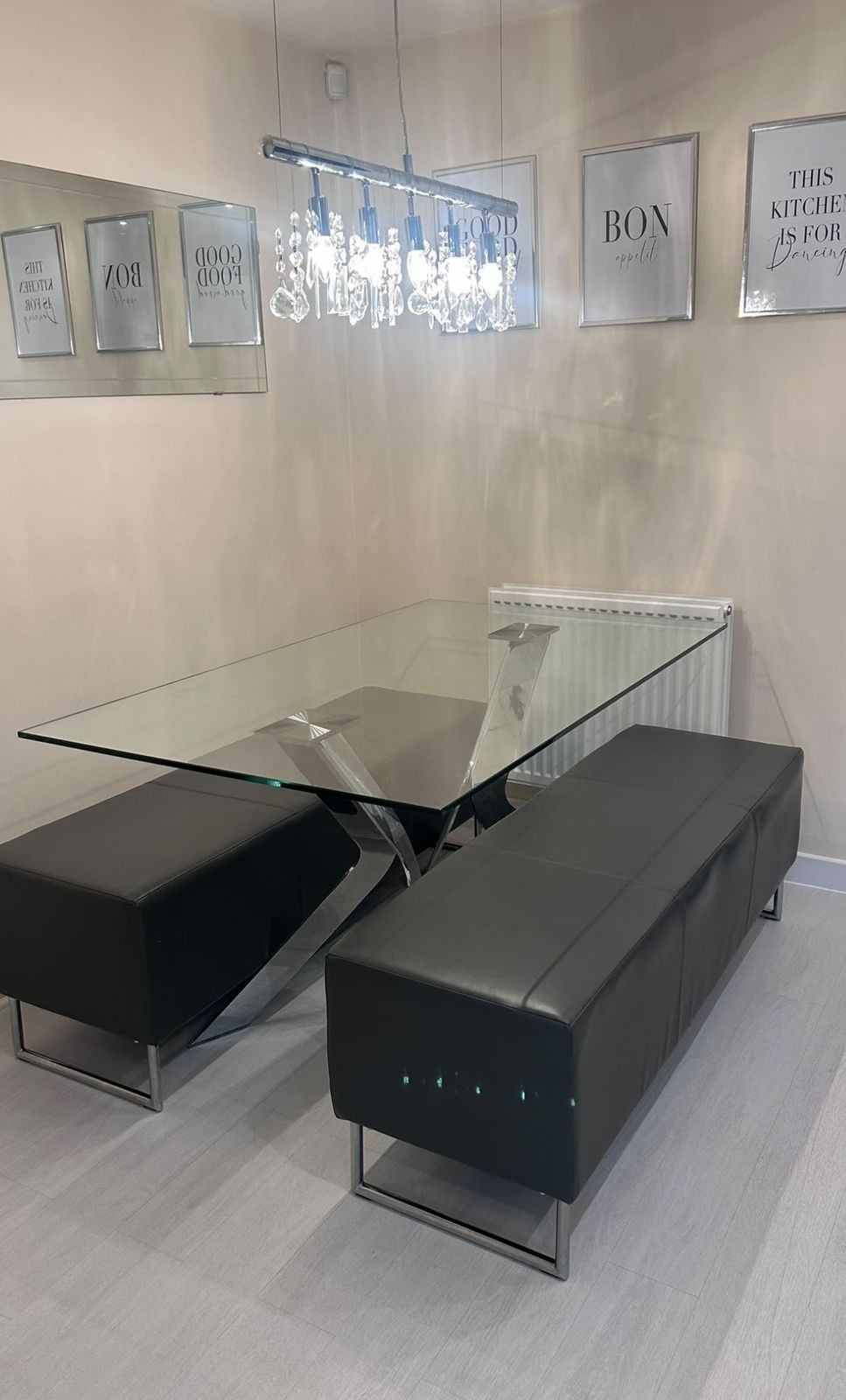 Werkstadt Glass Dining Table & Matching Benches – Chrome Sculptural Base – 150cm