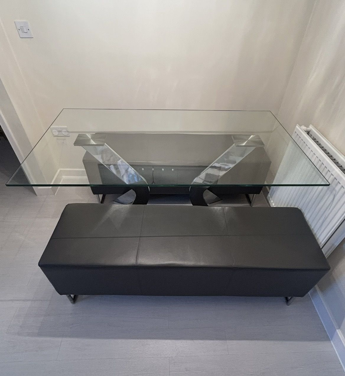 Werkstadt Glass Dining Table & Matching Benches – Chrome Sculptural Base – 150cm photo Furniture