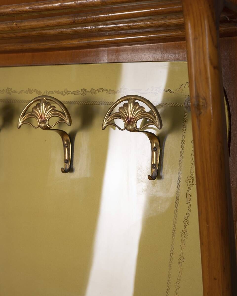 Vintage 1950s Wall Coat Rack In Wood And Decorated Glass, Italian Design photo furniture