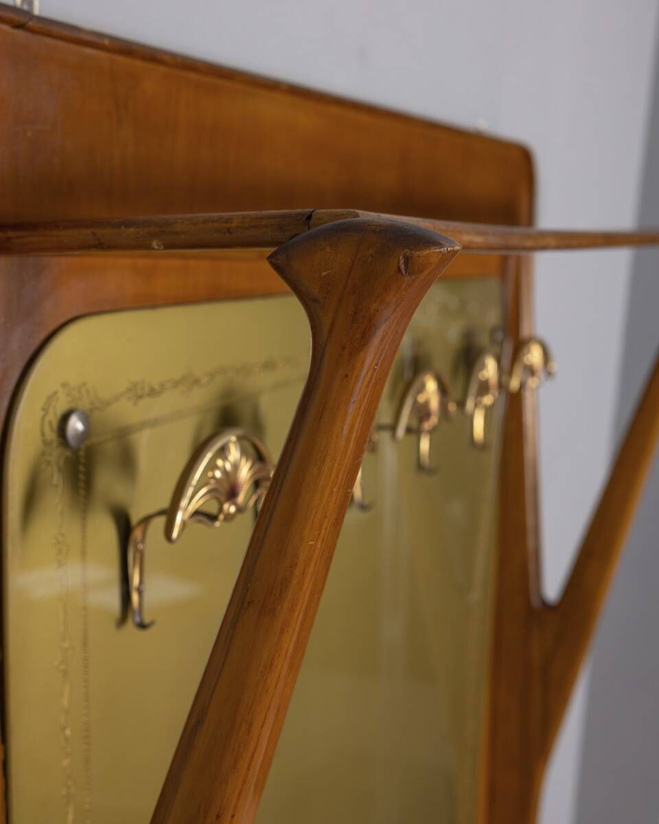 Vintage 1950s Wall Coat Rack In Wood And Decorated Glass, Italian Design photo buy