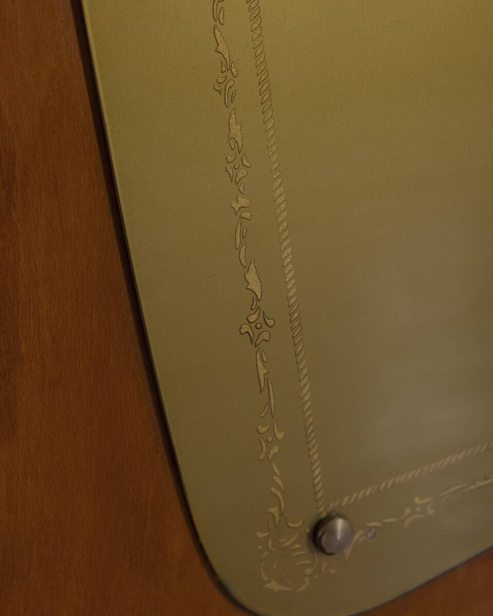 photo vinterior Vintage 1950s Wall Coat Rack In Wood And Decorated Glass, Italian Design