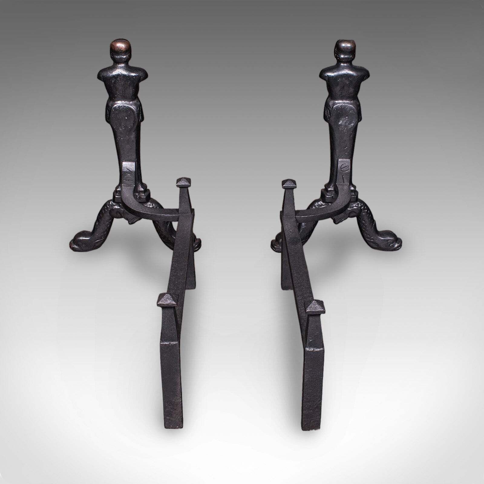 Pair Of Vintage Figural Andirons, English, Fire Dog, Fireplace Rests, Art Deco photo for sale