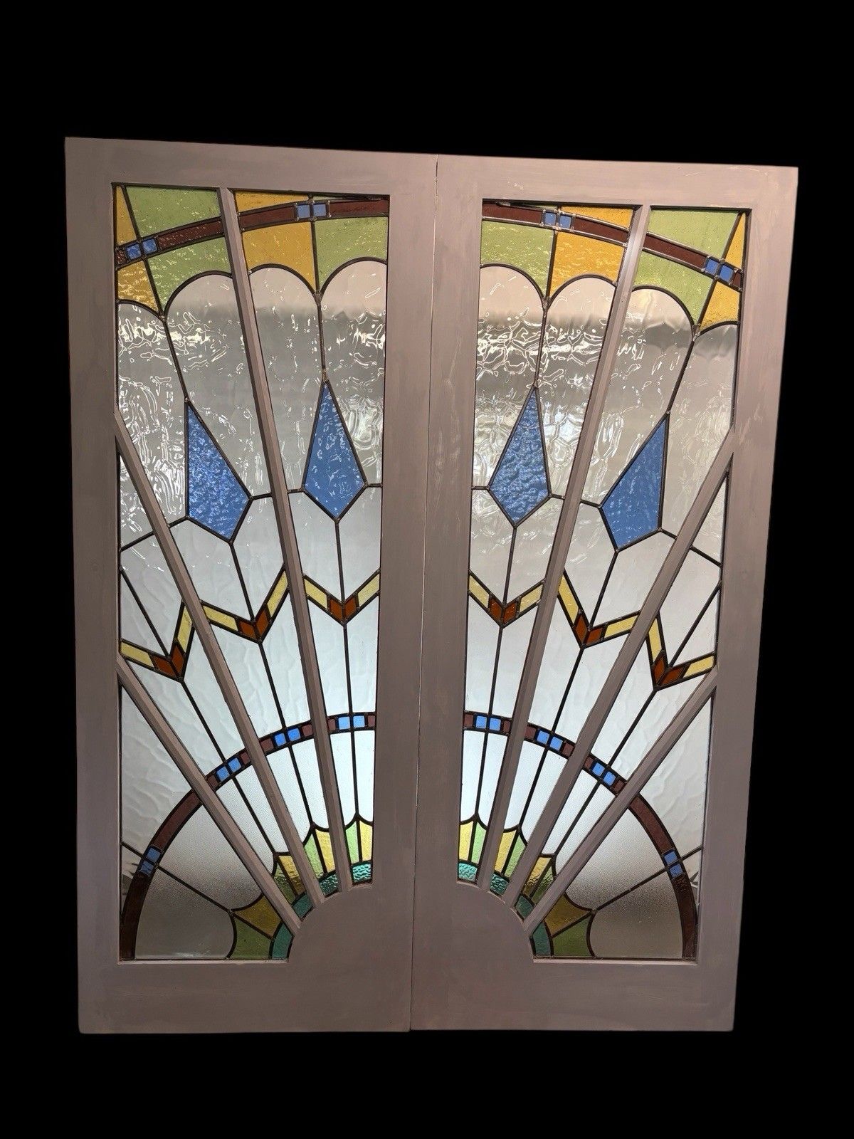 Art Deco Stained Glass French Doors Period Reclaimed Antique Double Leaded Pair photo furniture