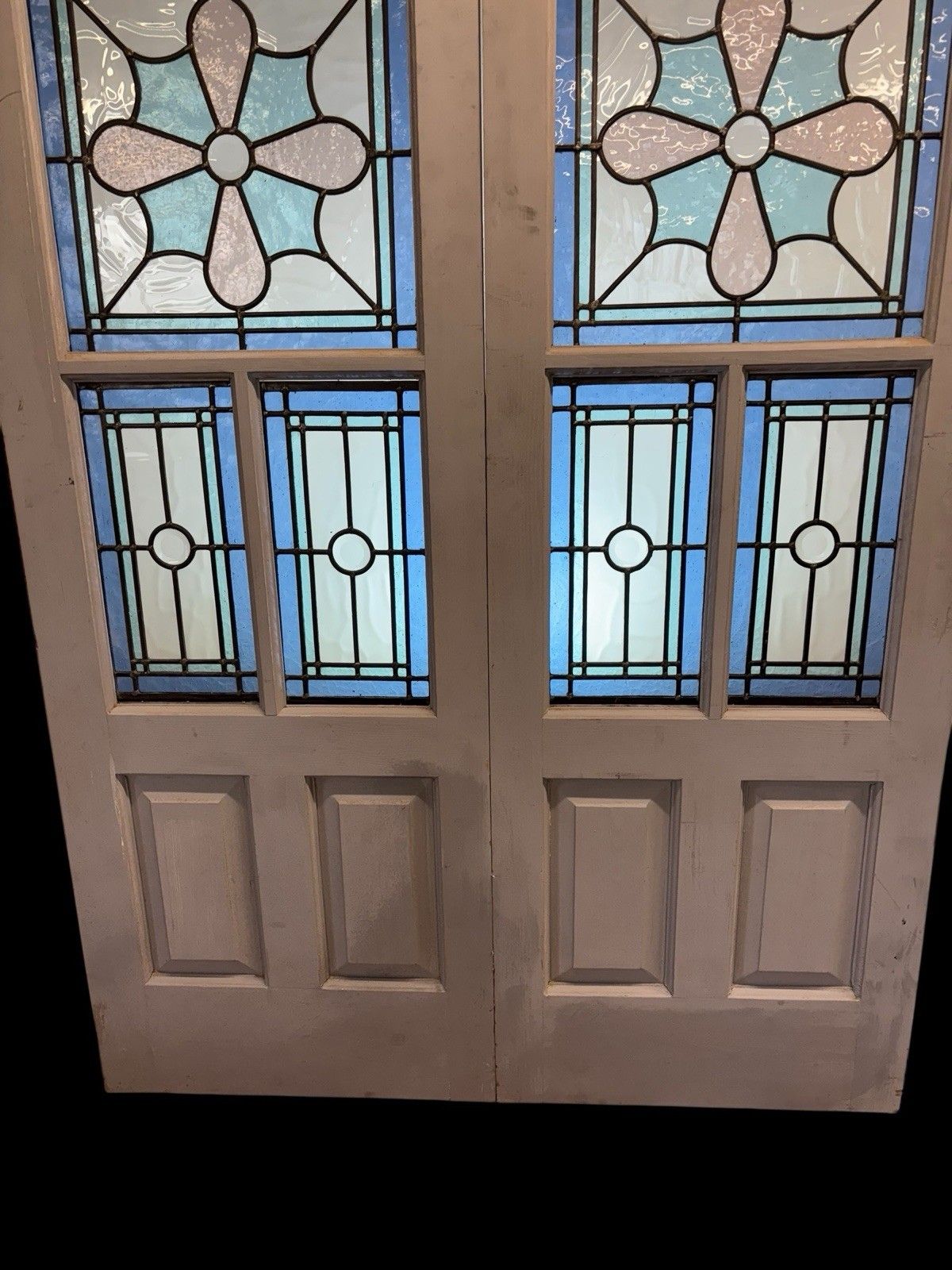 Edwardian Stained Glass Doors Antique Period Reclaimed Old French Double Leaded photo vinterior