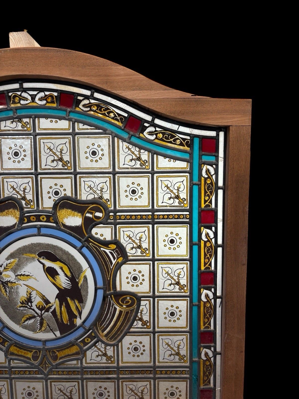 Antique Kiln Fired Stained Glass Window Panel Period Reclaimed Rare Teak Wood photo 3363.0