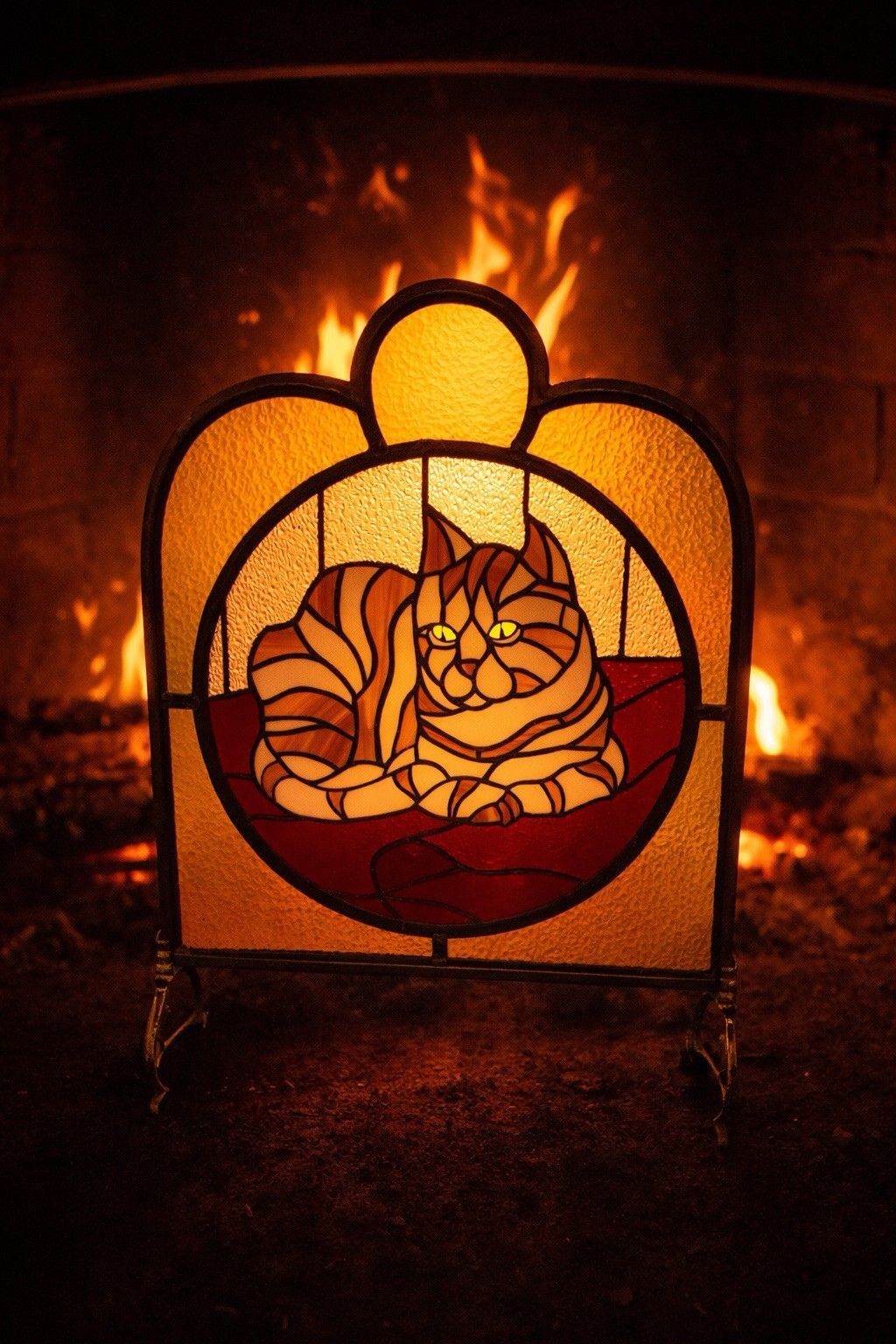 Antique Brass Fire Guard Stained Glass Tiffany Cat Period Refurbished Nouveau