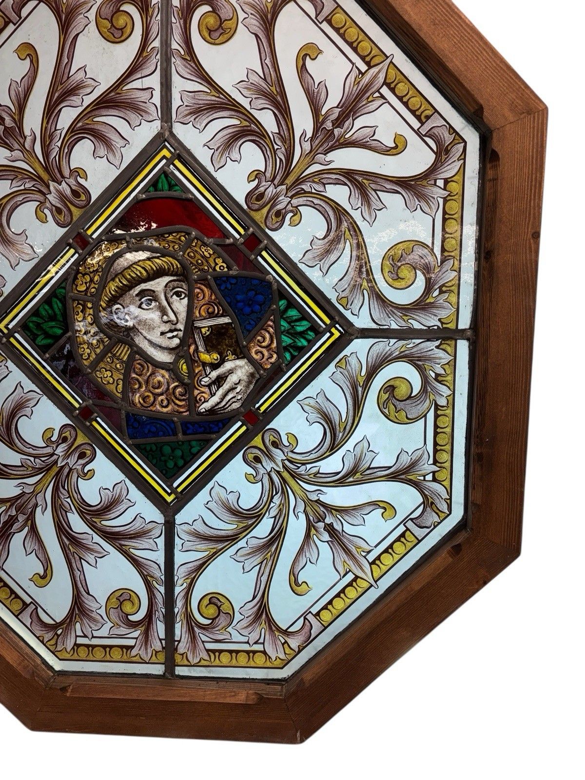 Antique Hand Painted Stained Glass Window Panel Period Reclaimed Restored Leaded photo vintage