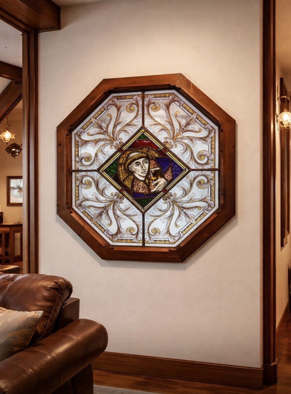 Art Antique Hand Painted Stained Glass Window Panel Period Reclaimed Restored Leaded photo