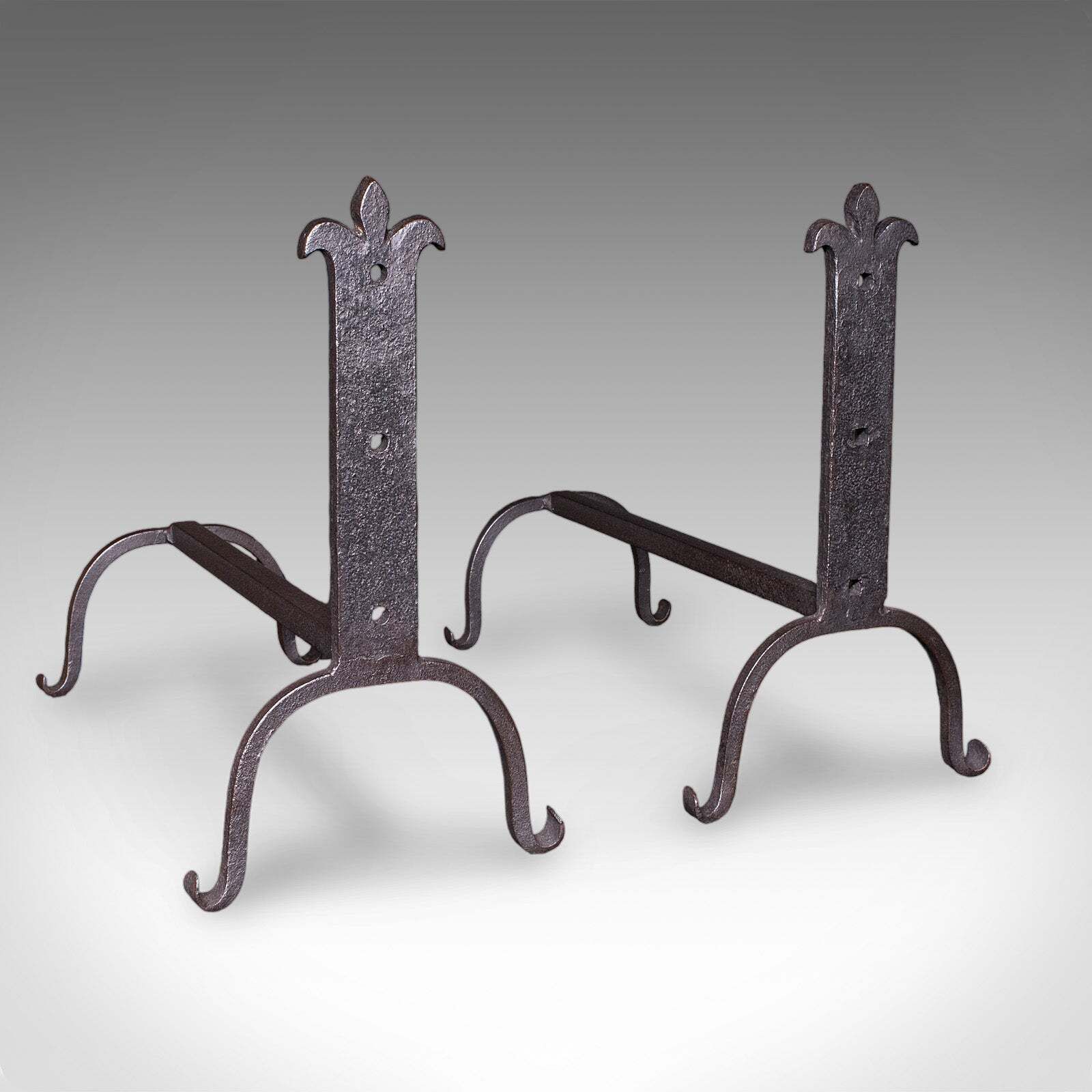 Pair Of Antique Fire Dogs, English, Blacksmith Made, Andirons, Gothic, Edwardian