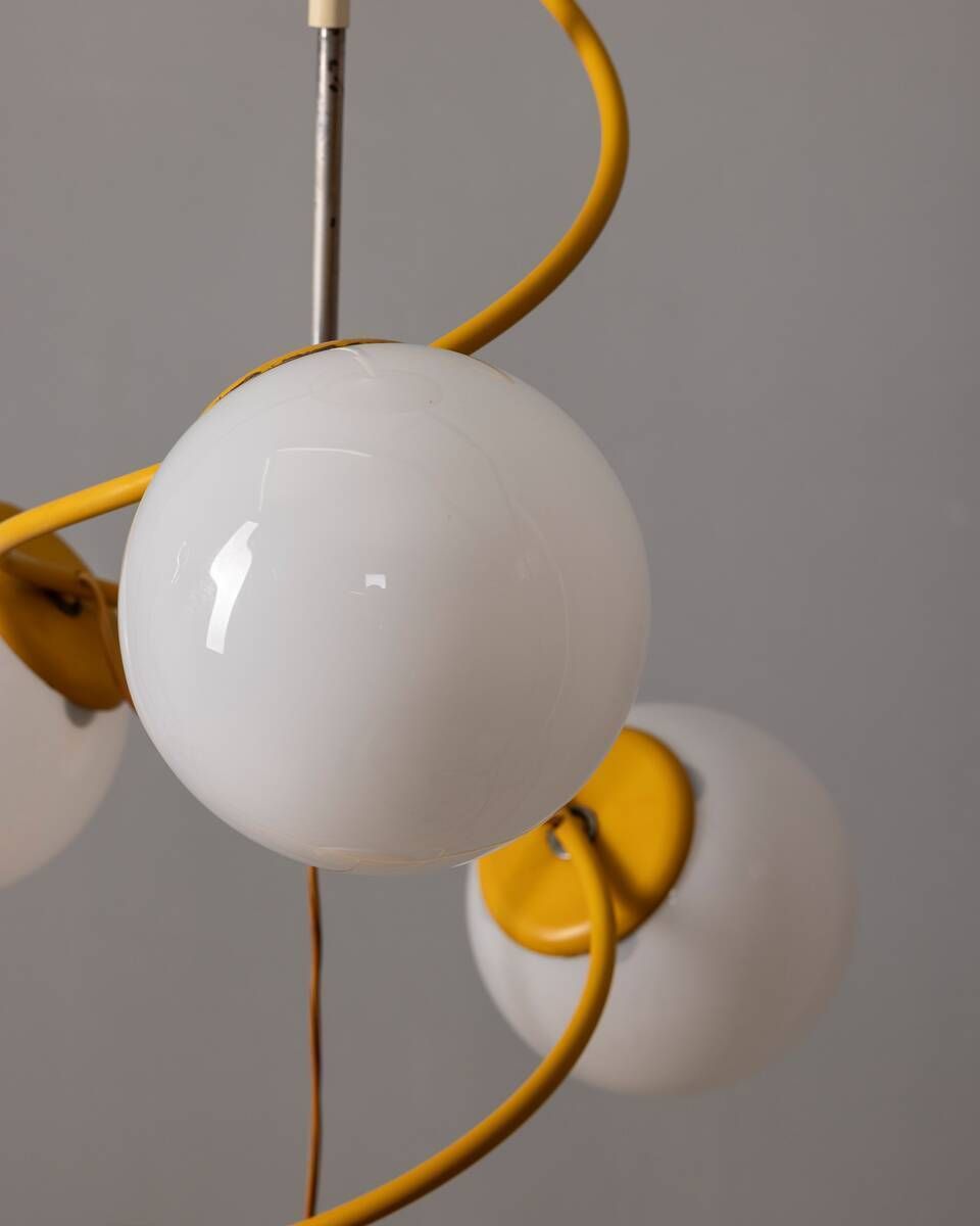 Vintage 1970s Chandelier In Yellow Metal And Glass, Italian Space Age Design photo furniture