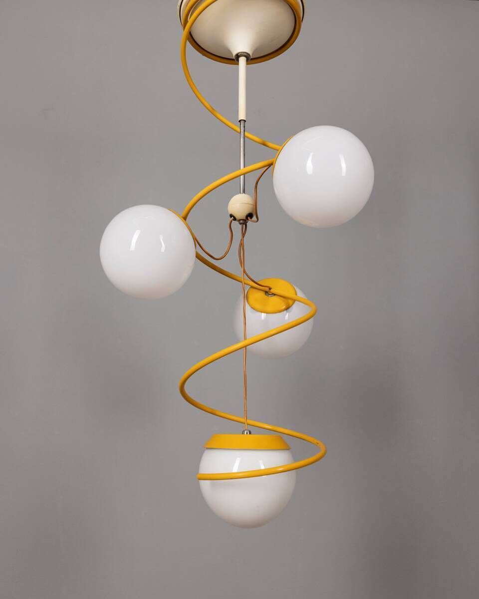 Vintage 1970s Chandelier In Yellow Metal And Glass, Italian Space Age Design photo buy