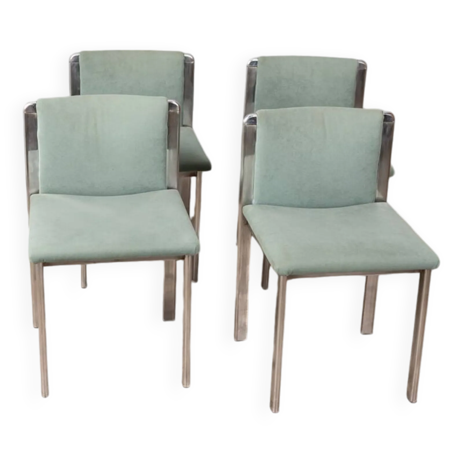 Set Of 4 Vintage 70s Chairs In Metal And Turquoise Fabric, Italian Design