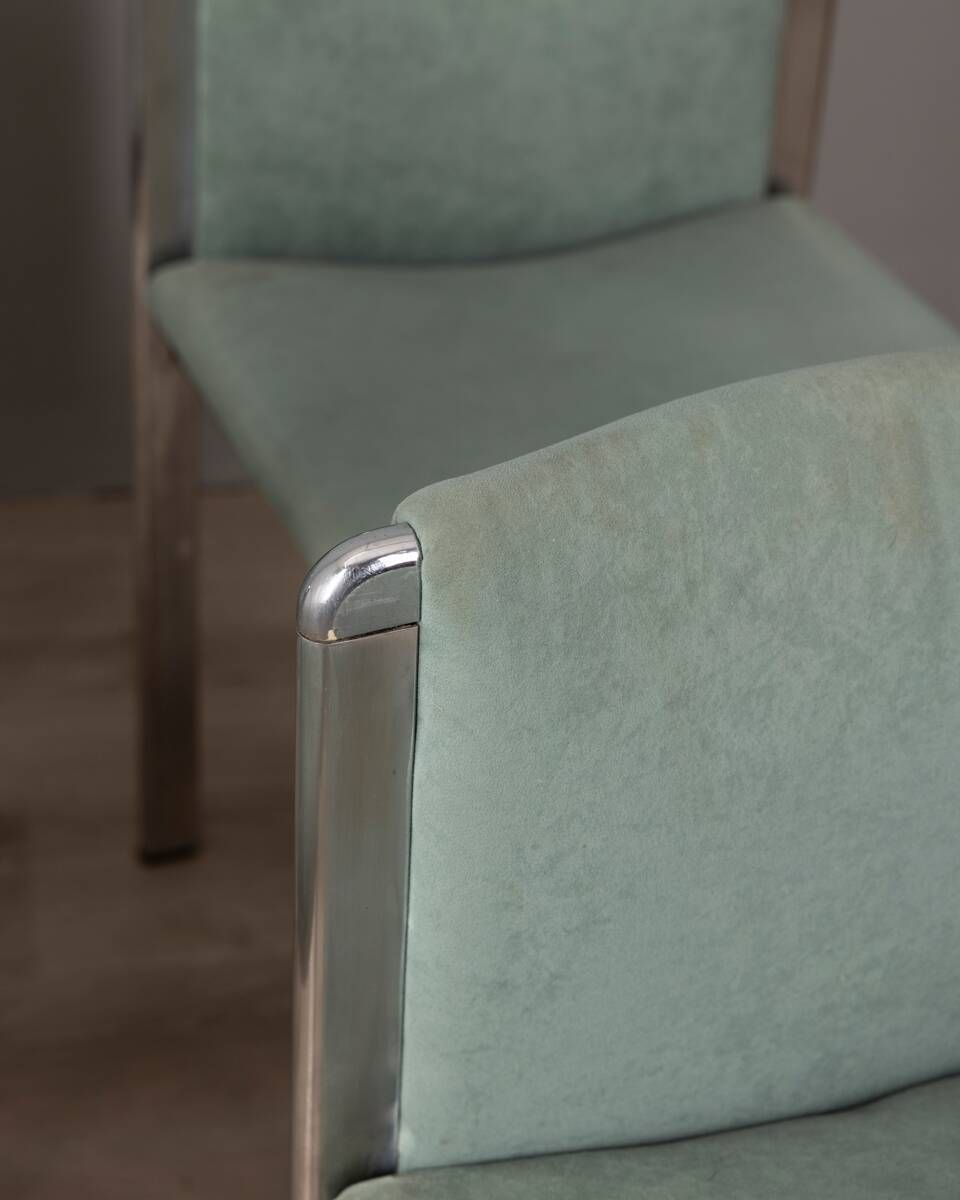 Set Of 4 Vintage 70s Chairs In Metal And Turquoise Fabric, Italian Design photo vintage