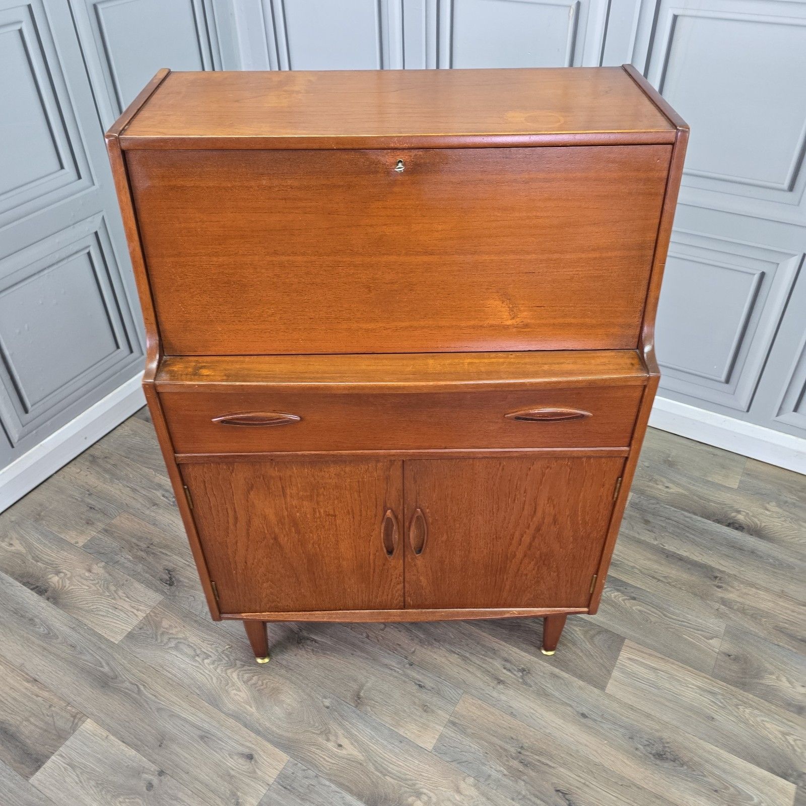 photo furniture Vintage Jentique Bureau Teak Cabinet Mid Century Writing Desk Cupboard Drawers