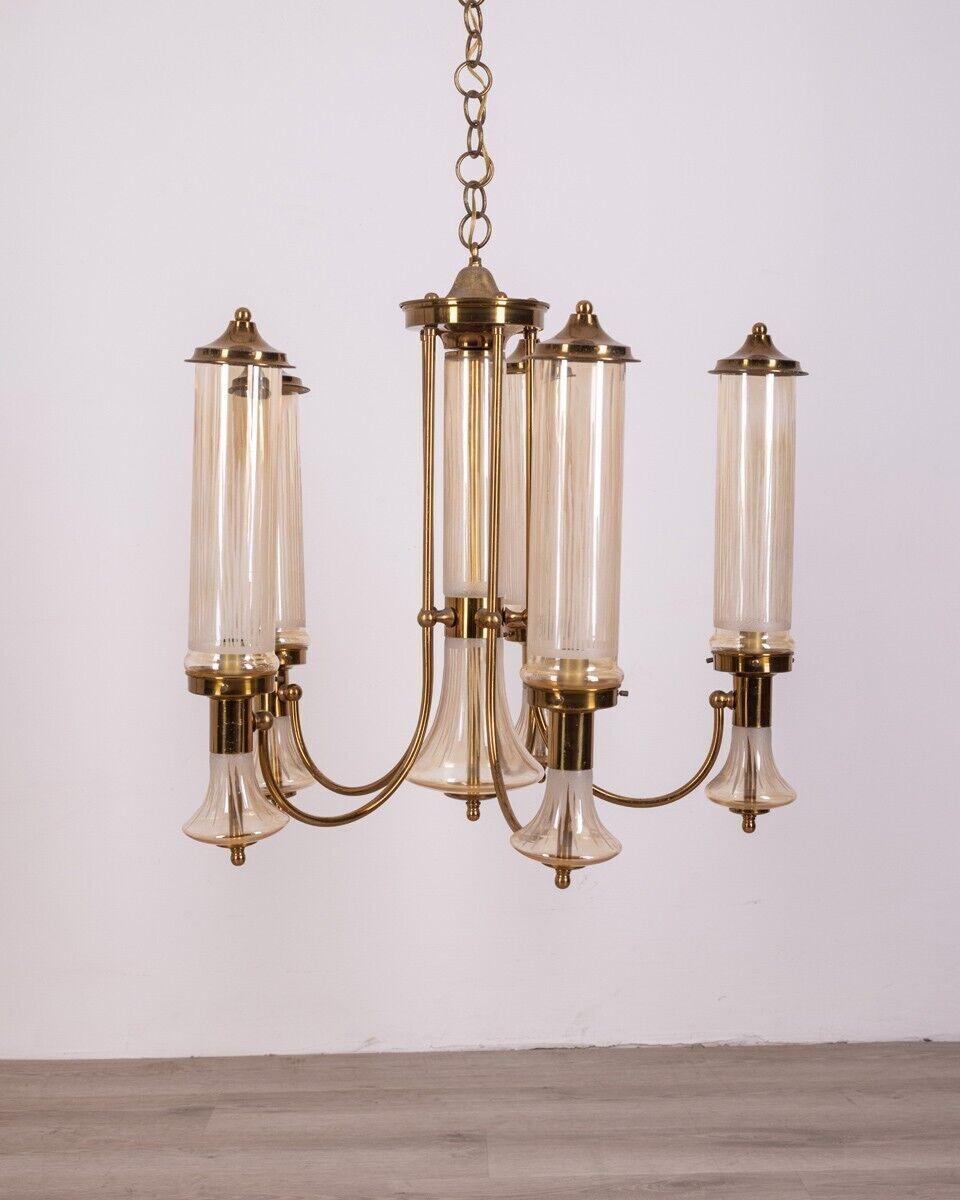 Vintage 1960s Chandelier In Brass And Glass, Japanese Design photo Lighting