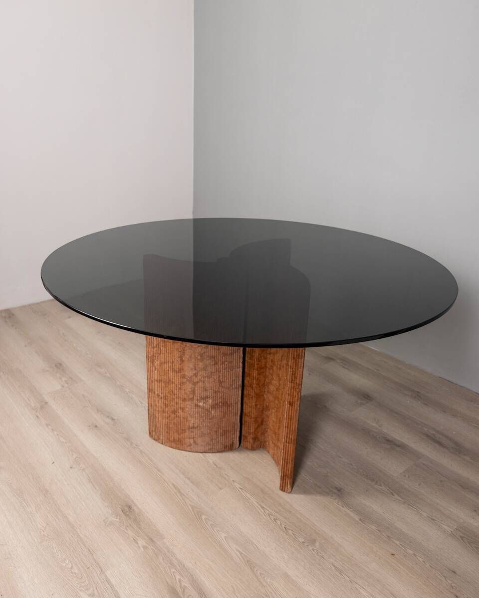 Vintage 1970s Round Table In Travertine And Glass, Italian Design photo vinterior