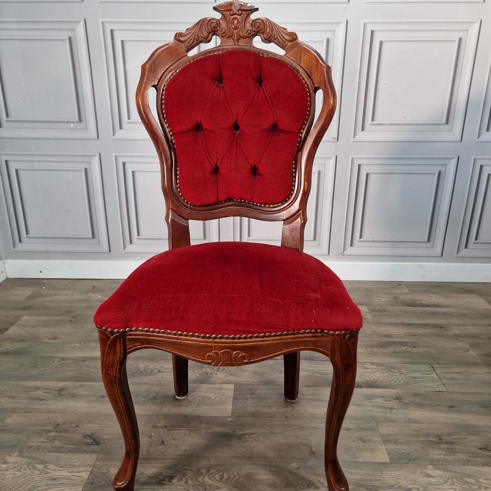 Antique Victorian Style Chairs Pair Carved Walnut Red Upholstery Bedroom Seats photo Furniture