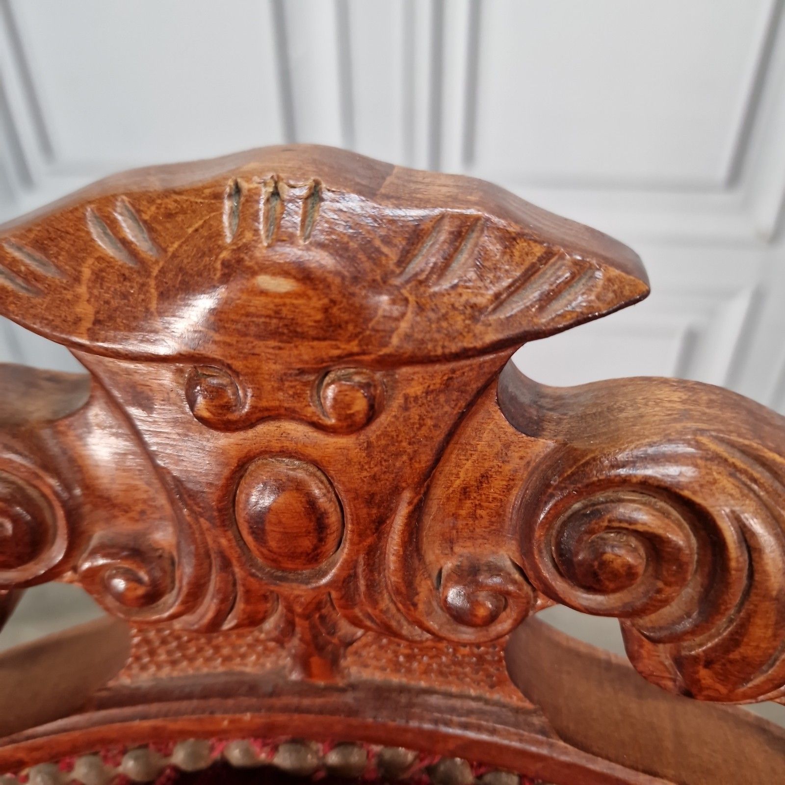 Antique Victorian Style Chairs Pair Carved Walnut Red Upholstery Bedroom Seats photo buy