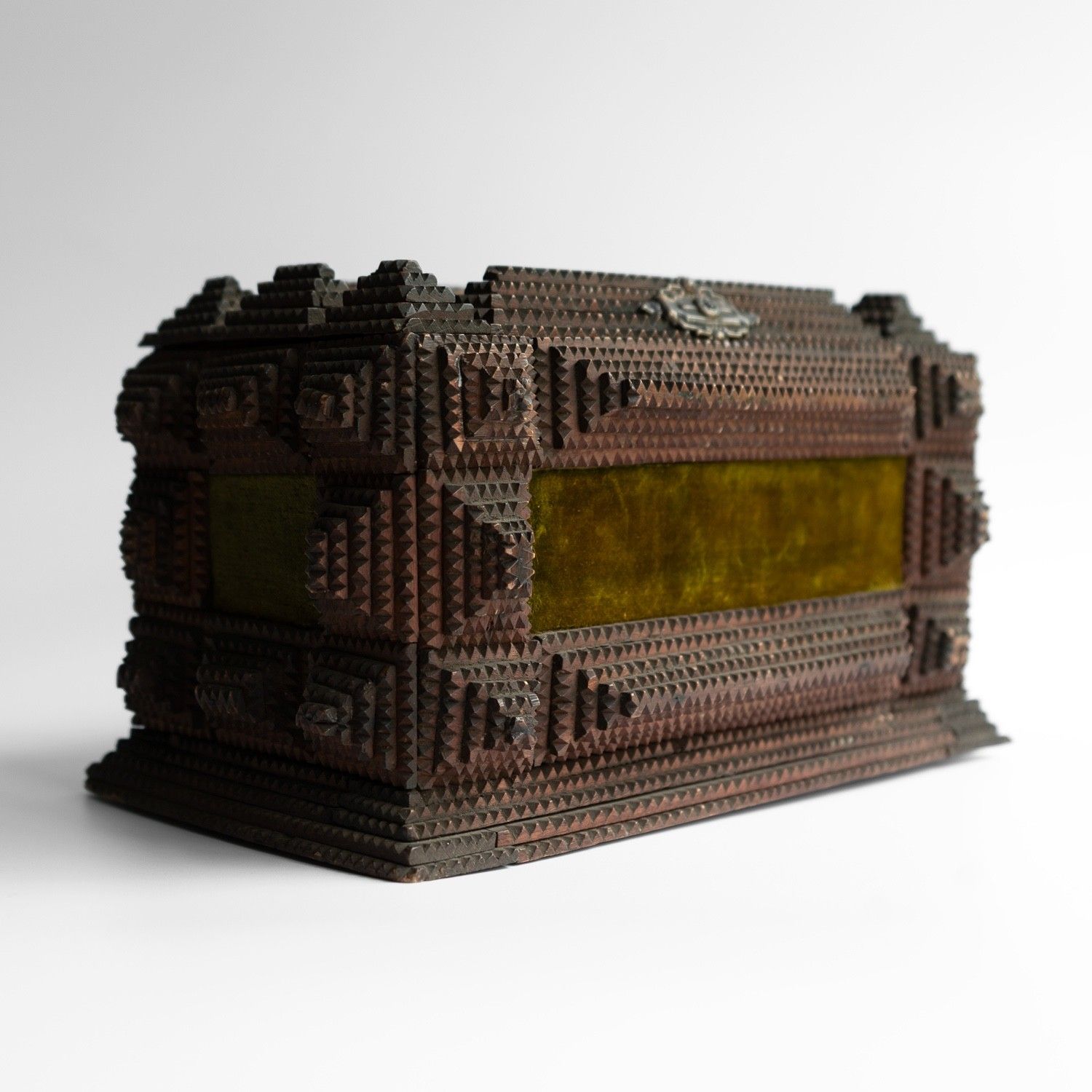 Antique Tramp Art Carved Wooden Box, Folk Art Jewellery Casket, Late 19th C. photo furniture