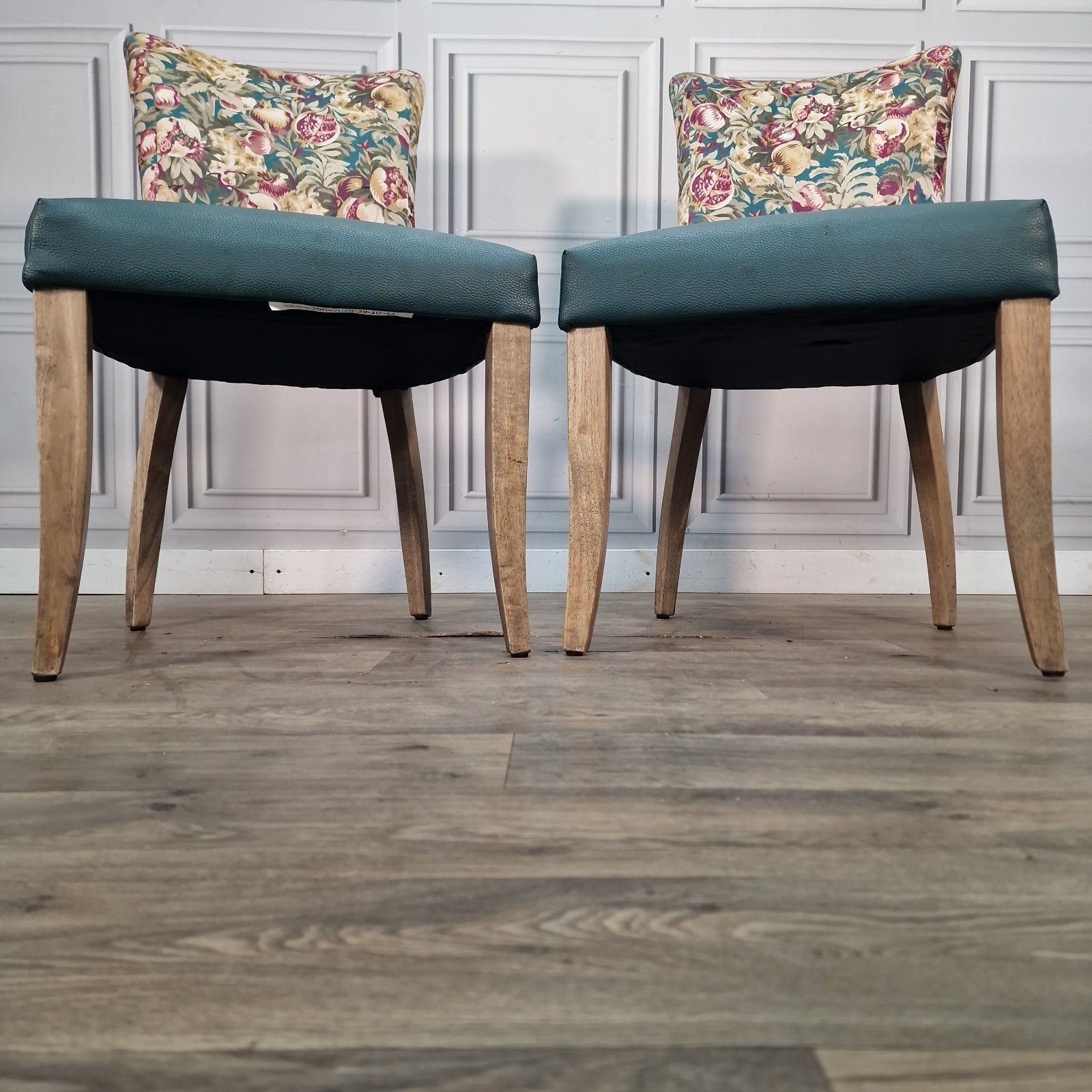 Pair Vintage Floral Chairs Upholstered Back Vinyl Bedroom Dining Seats Retro photo for sale