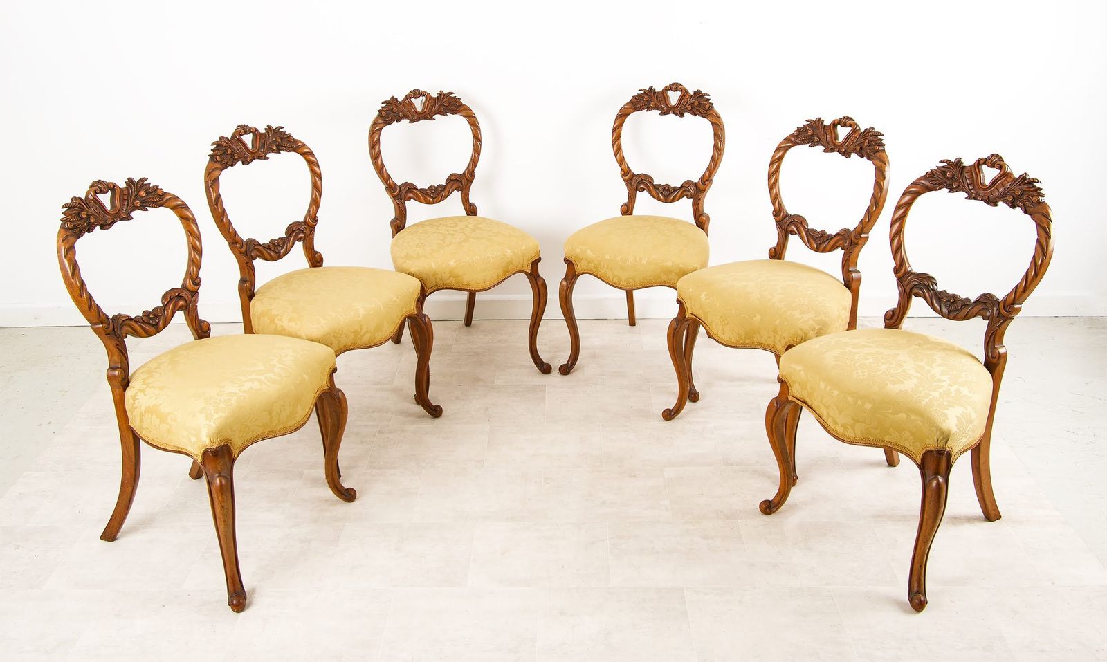 Set Of Six Victorian Carved Walnut Balloon Back Dining Chairs