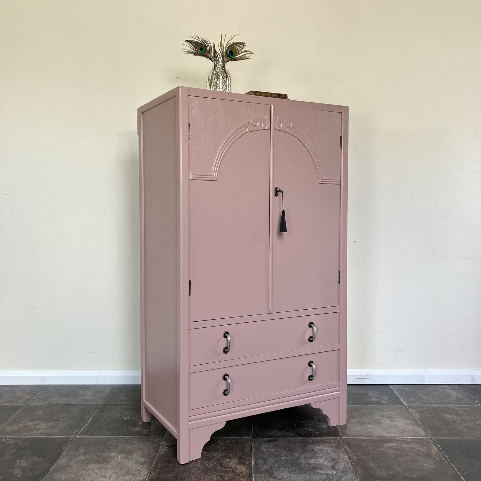 Stunning Painted 1940's Lockable Oak Linen Cupboard / Tall Boy; Farrow And Ball Sulking Room Pink, Carved Doors photo Furniture