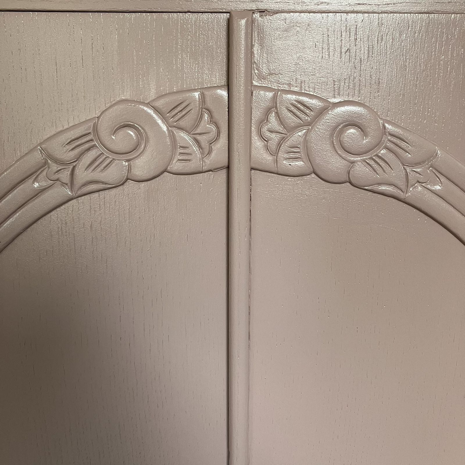 Furniture Stunning Painted 1940's Lockable Oak Linen Cupboard / Tall Boy; Farrow And Ball Sulking Room Pink, Carved Doors photo