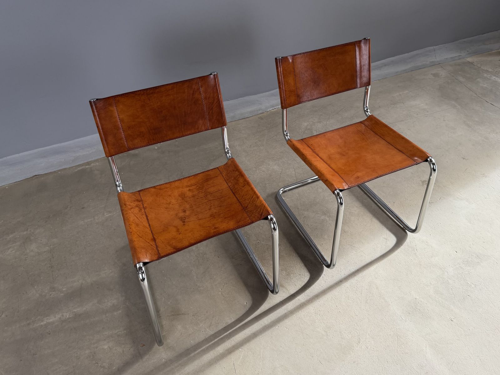 Pair Dining Or Desk Or Side Chair Mart Stam Marcel Breuer S33 Set Of 2 Two Chrome Tan Cognac Brown Leather Cantilever Bauhaus Matteo Grassi photo Furniture