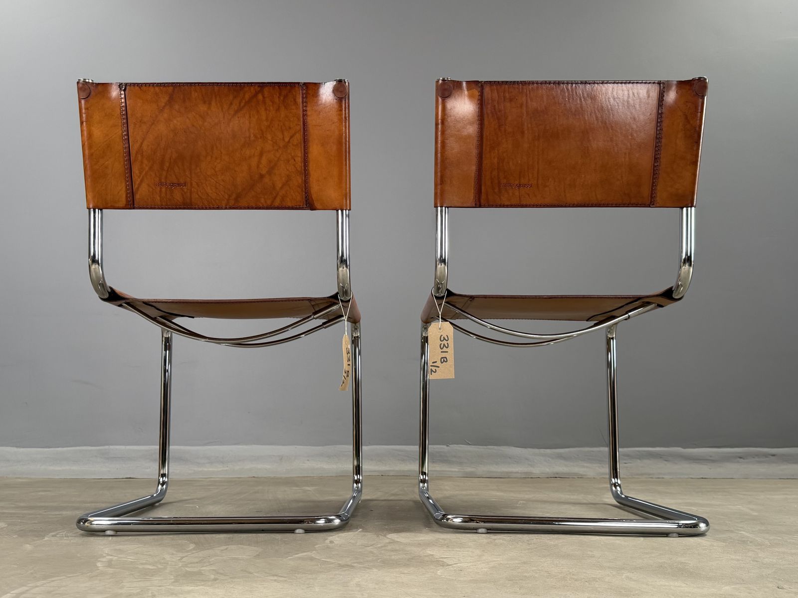 photo vintage Pair Dining Or Desk Or Side Chair Mart Stam Marcel Breuer S33 Set Of 2 Two Chrome Tan Cognac Brown Leather Cantilever Bauhaus Matteo Grassi