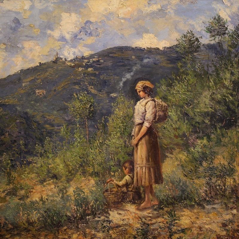 Italian Landscape With Figure Painting Signed And Dated 1914 photo for sale