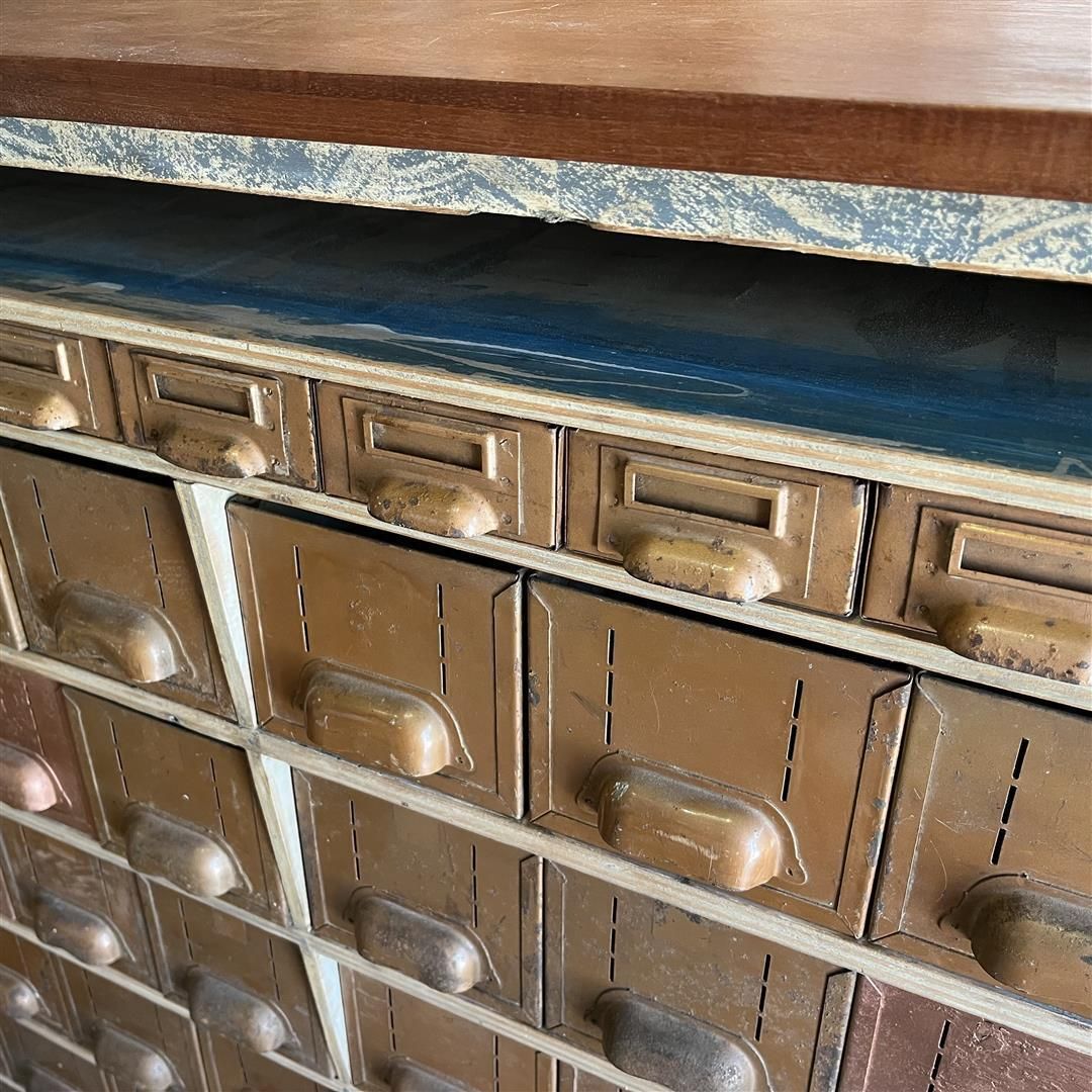 photo furniture Vintage Bank Of 59 Metal Drawers In Ply And Wood Unit