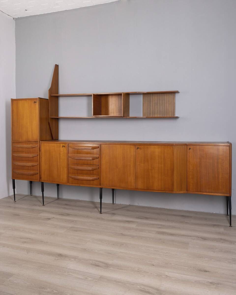Furniture Vintage 1960s Teak Sideboard With Wall Mounted System, Italian Design photo