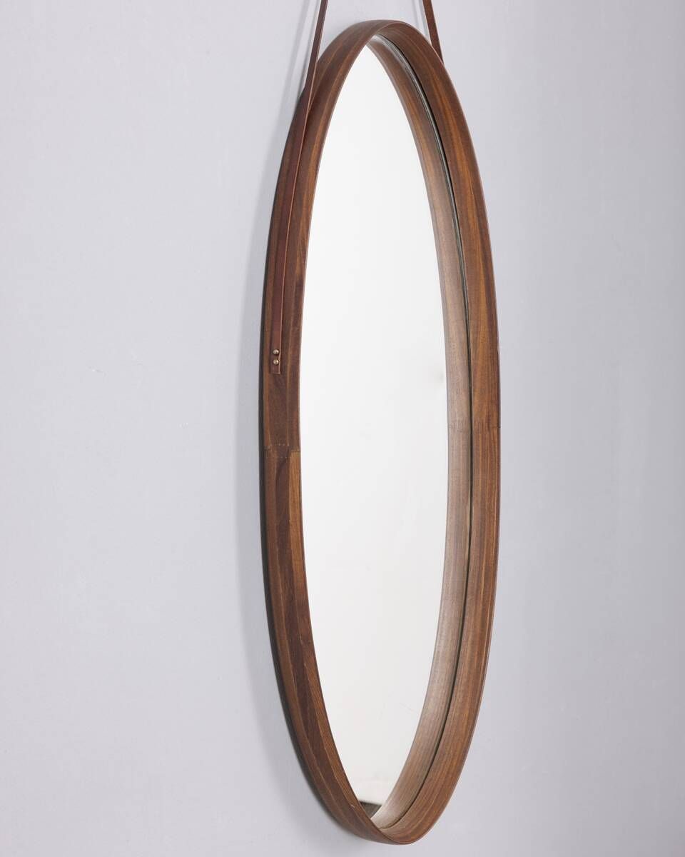 Vintage 1970s Oval Wall Mirror In Wood, Italian Design photo for sale