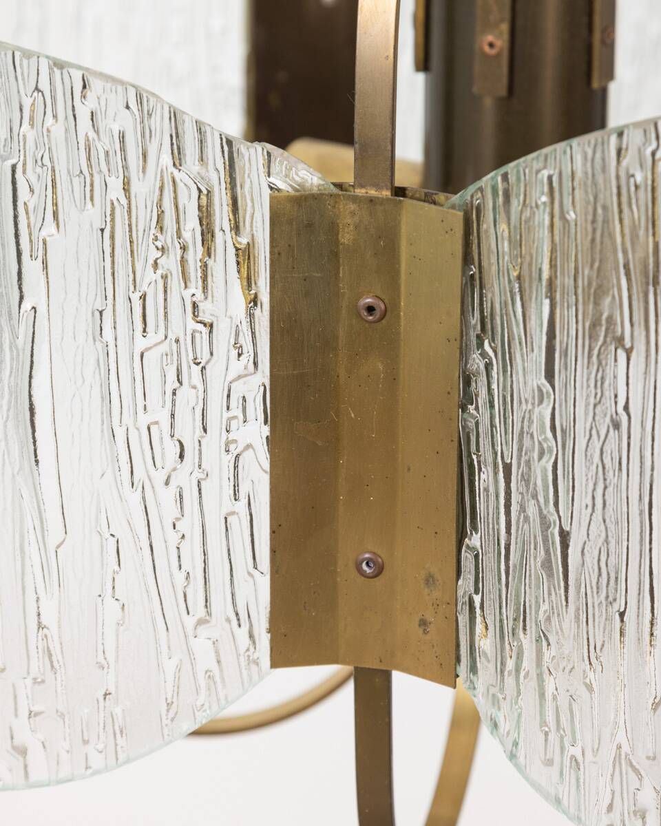 Vintage 60's Chandelier In Brass And Worked Glass Italian Design photo for sale