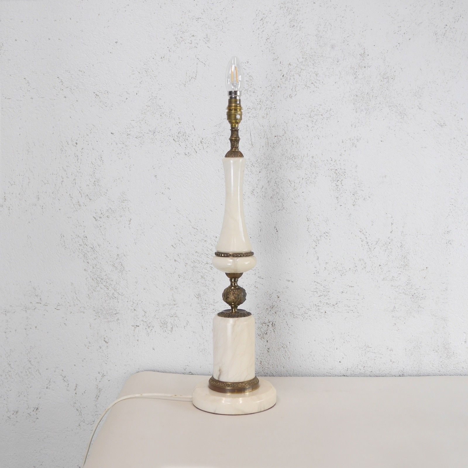 Tall Alabaster Marble Neoclassical Table Lamps Italian Brass Cream #103210 photo Lighting