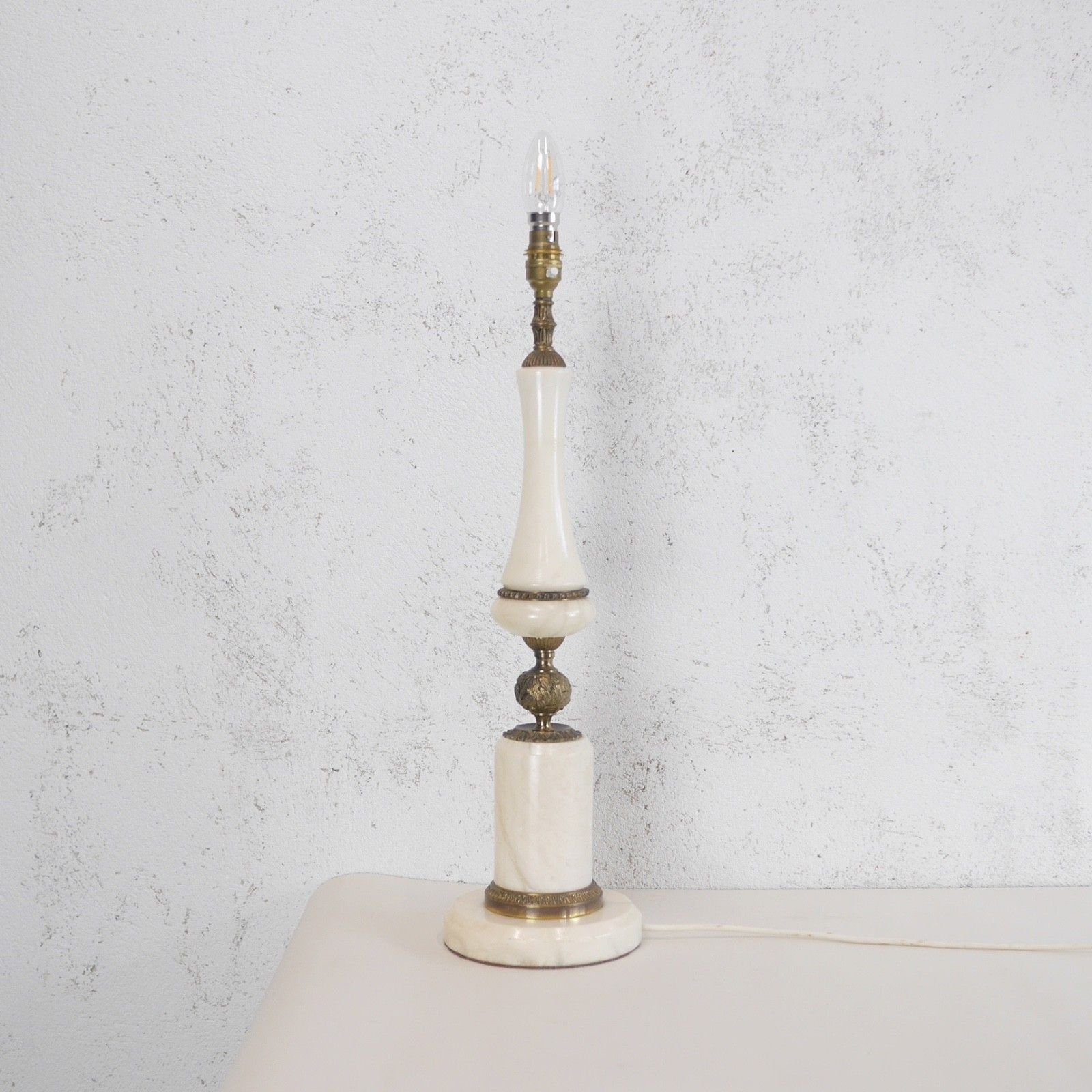 Tall Alabaster Marble Neoclassical Table Lamps Italian Brass Cream #103210 photo vinterior