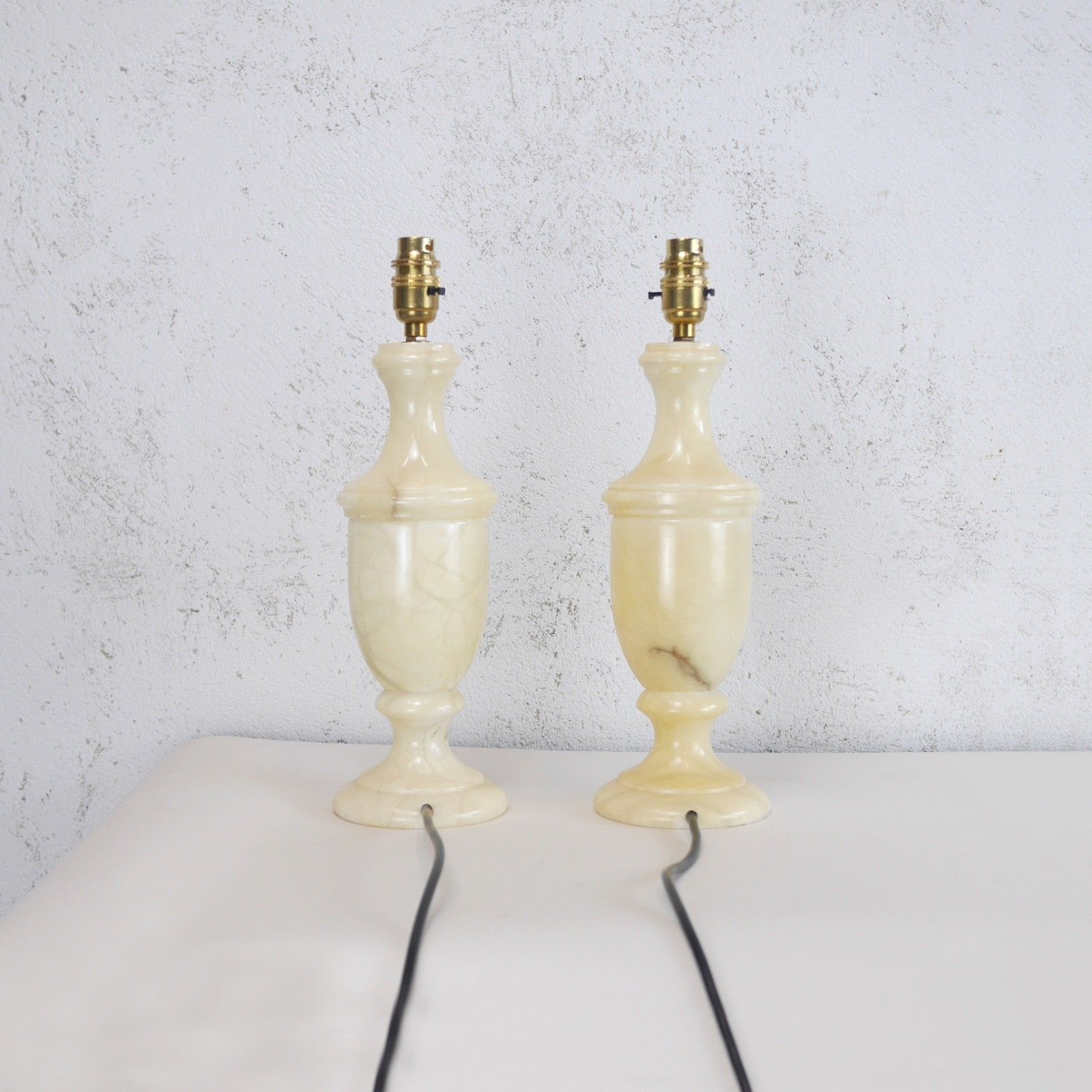 Pair Large Onyx Marble Neoclassical Urn Table Lamps Italian Brass Cream #103211 photo Lighting