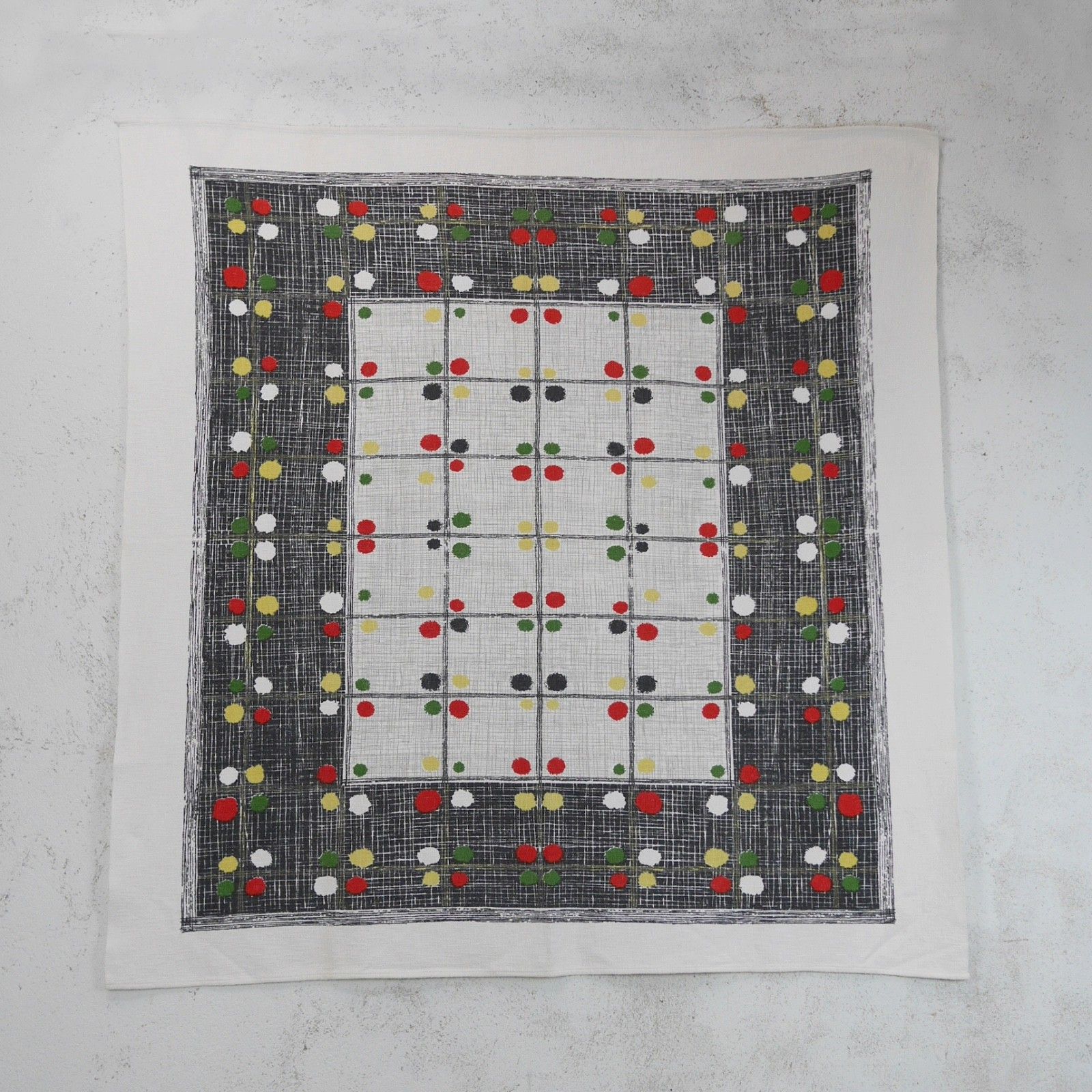 Mid Century Tablecloth Fabric Cotton Geometric Dot Black Green Red #103221 photo 85.0