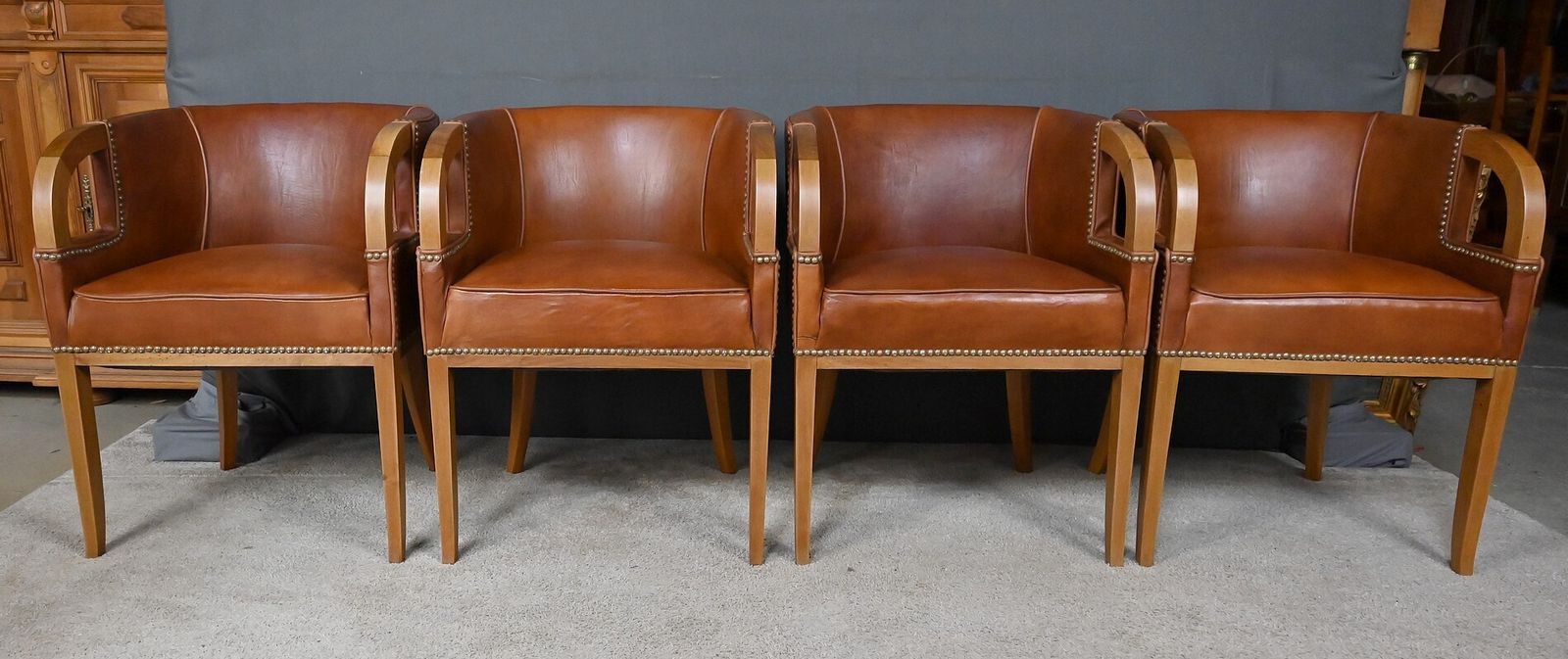Set Of 4 Art Deco Armchairs In Walnut & Leather – 1940 photo 4568.0