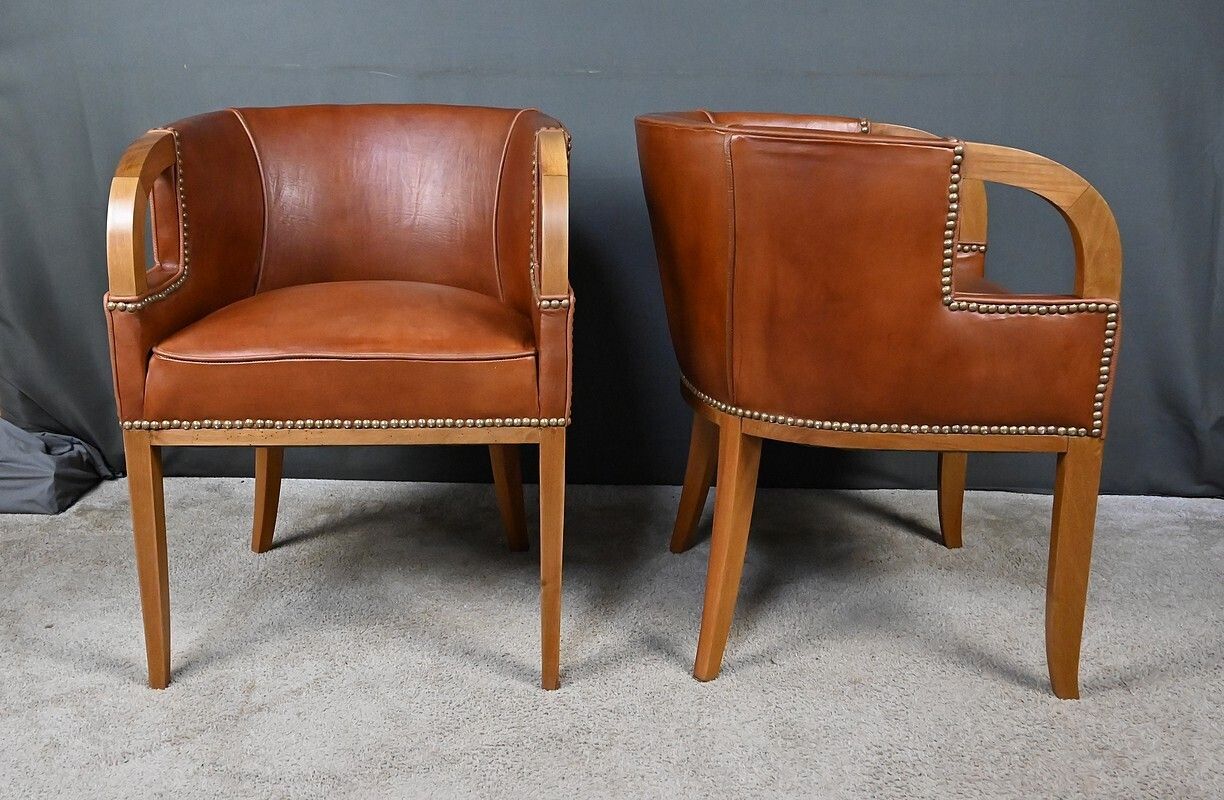Furniture Set Of 4 Art Deco Armchairs In Walnut & Leather – 1940 photo