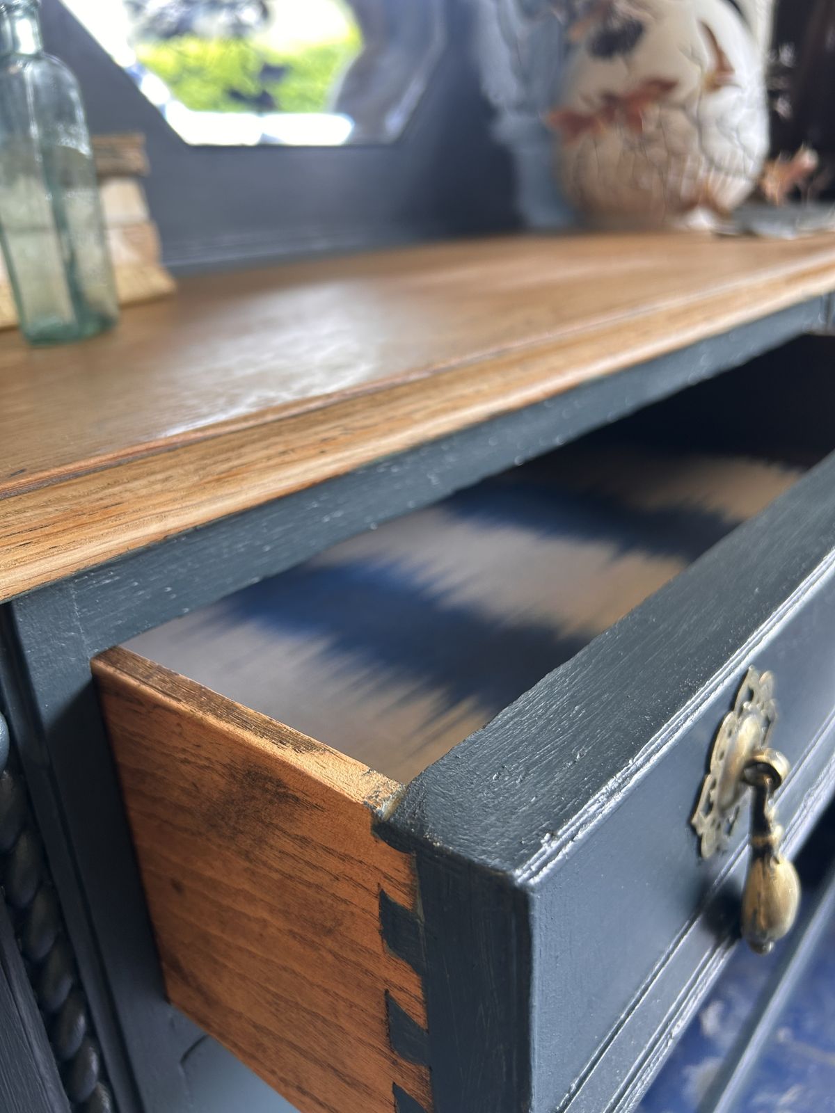 The Inkwell Dresser | Restored Vintage Dresser In Inky Blue With Oak Top photo vinterior