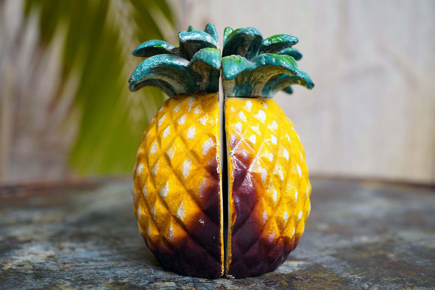photo for sale A Pair Of Mid 20thc Novelty Cold Painted Cast Metal Bookends In The Form Of A Pineapple C.1960 70