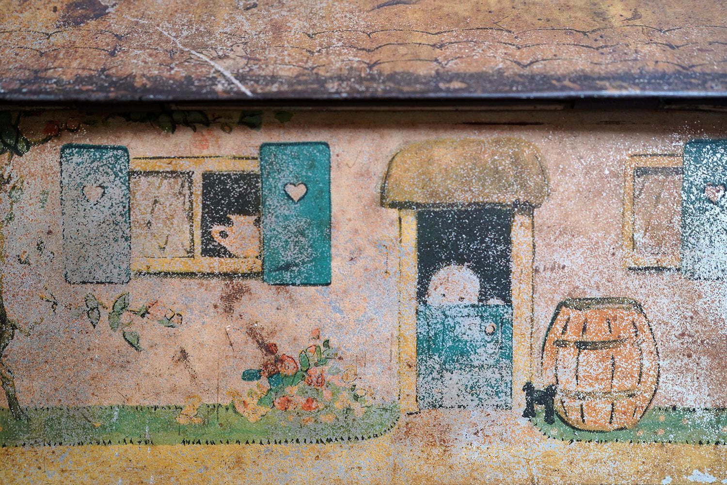 photo for sale A Charming C.1930s Crawford & Sons Ltd Tin Biscuit Barrel Money Box; 'Bicky House' By Mabel Lucie Attwell