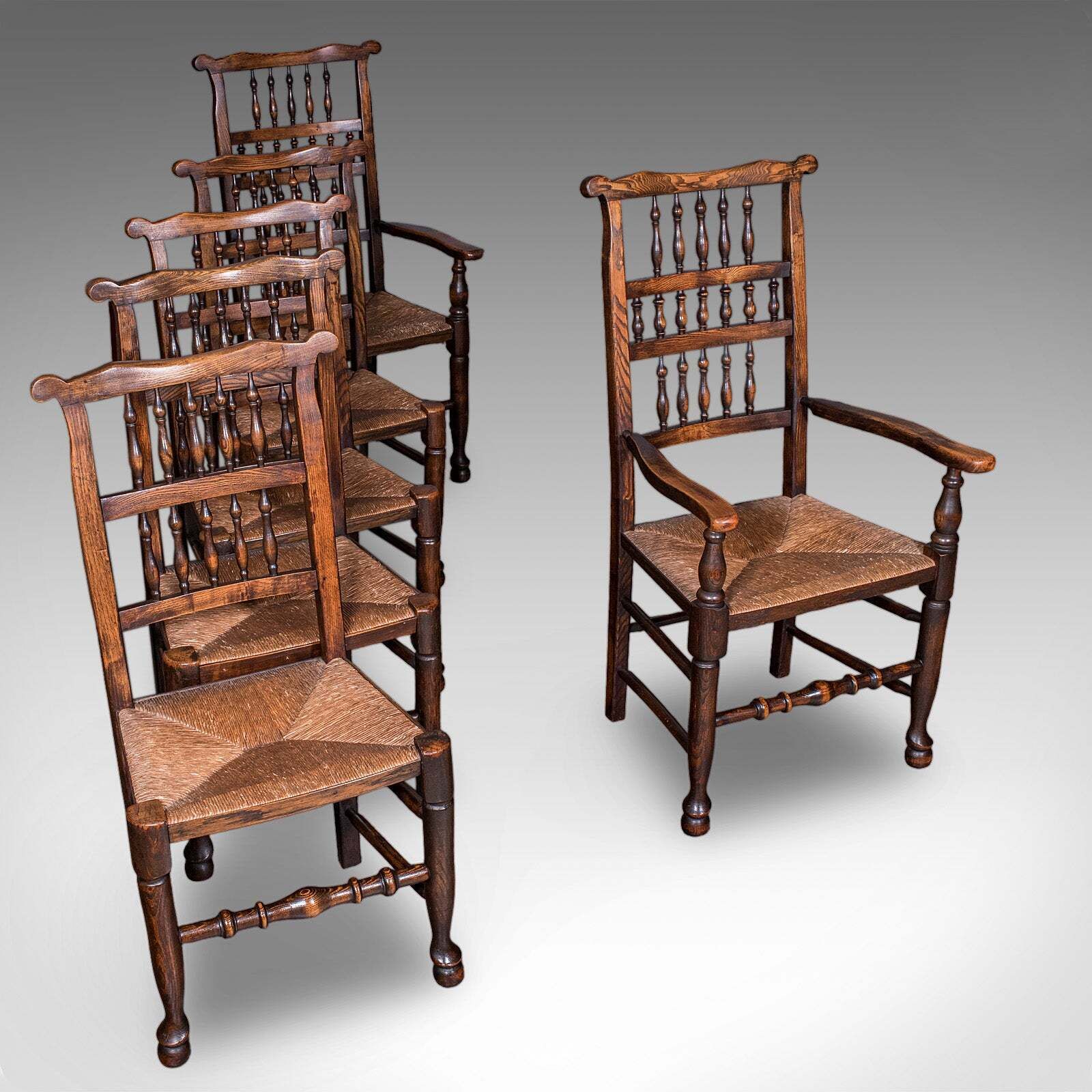 6 Antique Lancashire Dining Chairs, English Beech, Carver, Seat, Edwardian, 1905 photo vintage