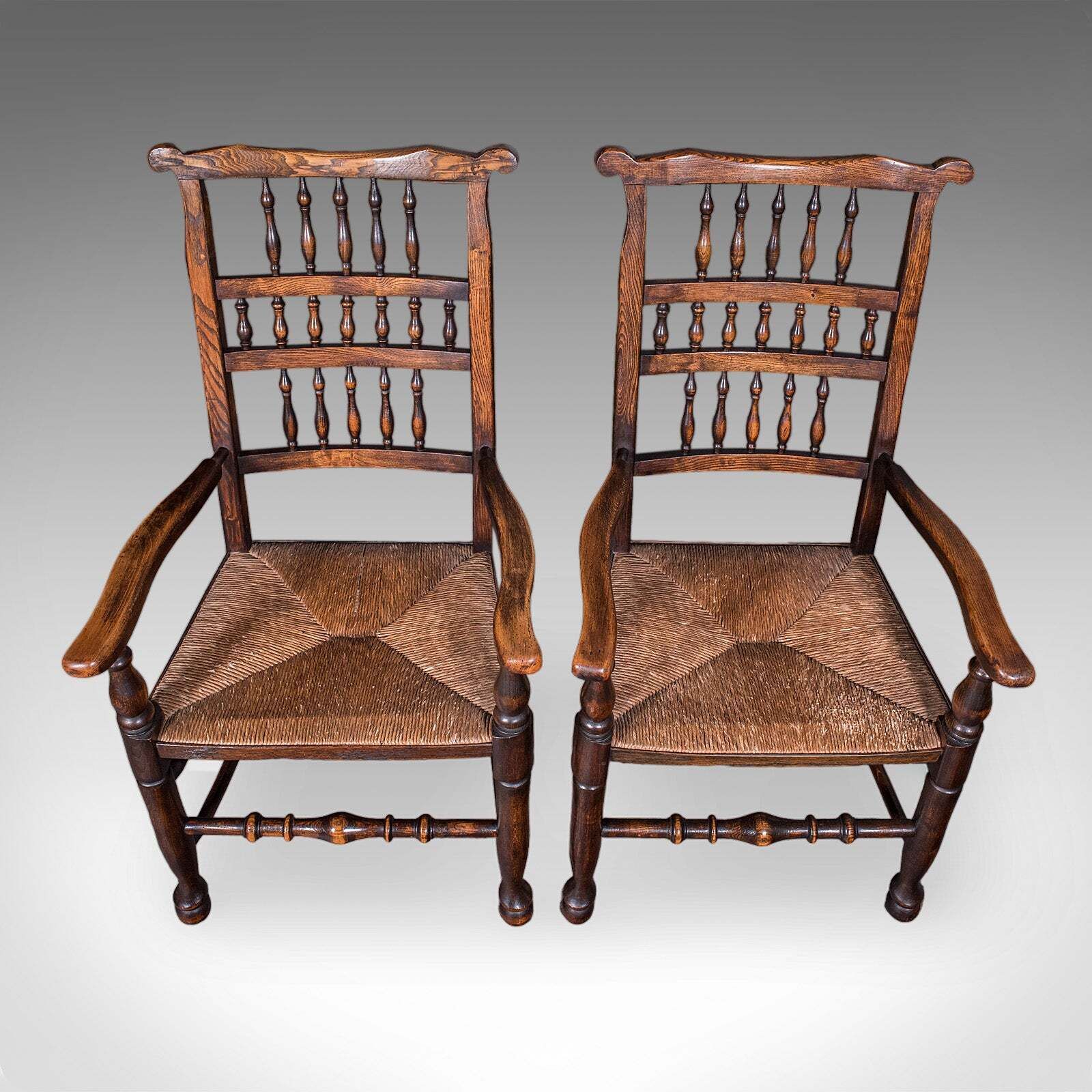 photo furniture 6 Antique Lancashire Dining Chairs, English Beech, Carver, Seat, Edwardian, 1905
