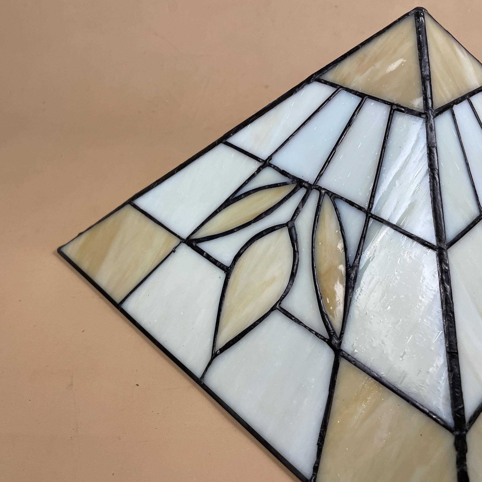 Art Deco Stained Glass Tiffany Style Ceiling Shade White Cream Geometric Chain Hanging Light Shade photo furniture