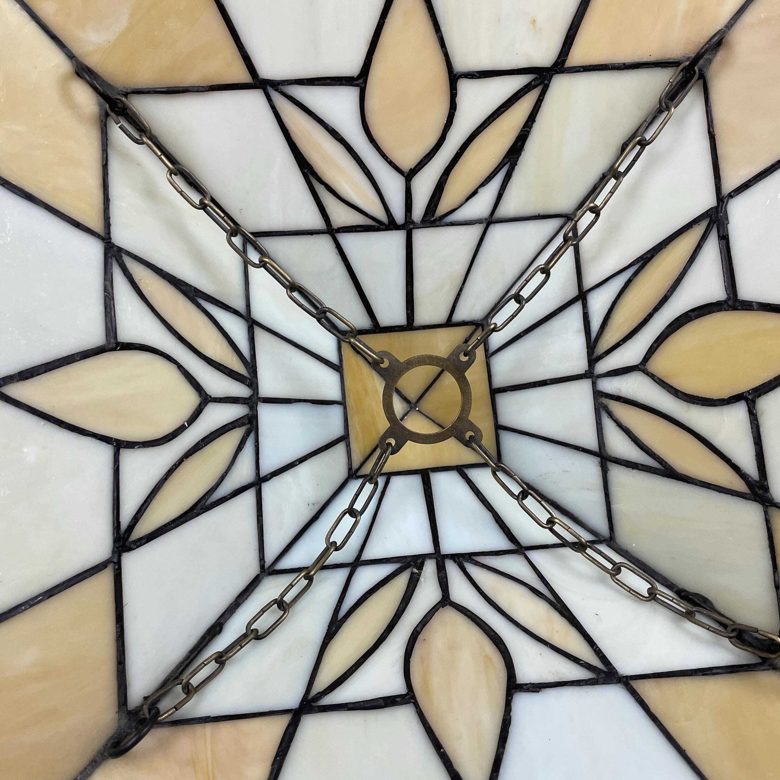 Art Deco Stained Glass Tiffany Style Ceiling Shade White Cream Geometric Chain Hanging Light Shade photo vintage
