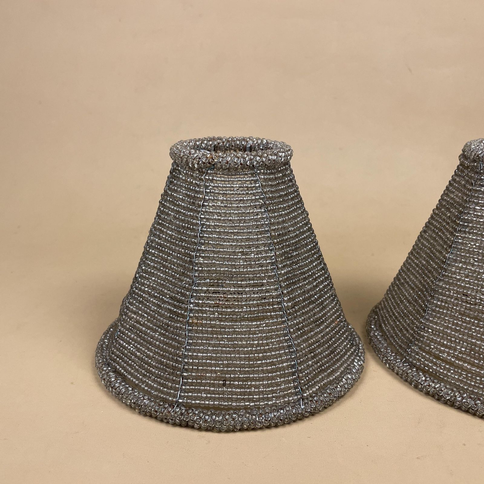 Silver Beaded Lamp Shades Pair Vintage Hollywood Regency Glam Conical Table Light Shades For Bedroom Or Living Room Decor photo 75.0